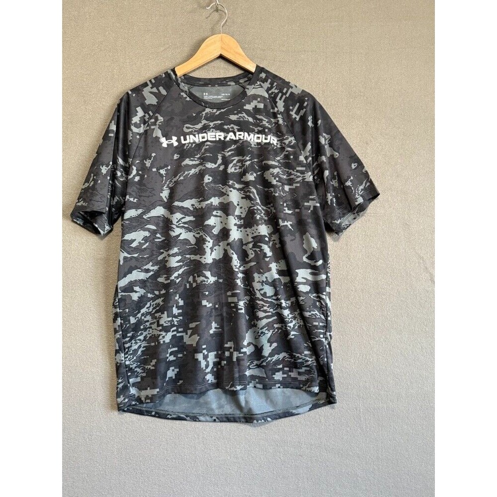 Under Armour Shirt Men L Black Gray Camo Tee Loose Fit Heat Gear Adult